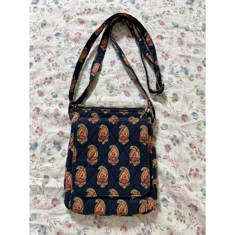Quilted Fabric Crossbody Bag‎ Navy Paisley Red/white Stripe Interior Preppy